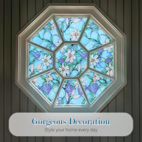 rabbitgoo Stained Glass Window Privacy Film, Blue Lily, 17.5" X 157.4" - Image 6