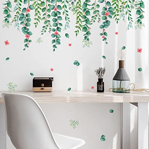 Hanging Green Vine Wall Decals,Succulent Plants Wisteria Floral Flowers Butterflies Birds Wall Stickers, Self-Adhesive Vinyl Removable Living Room Sofa TV Wall Decor by ZARROUEA