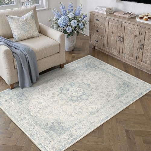 3x5 Blue Washable Area Rug Non Slip Vintage Carpet by WondRg