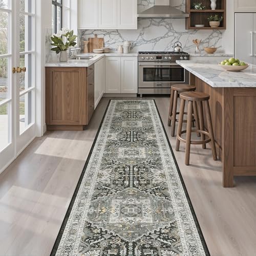 Madane Washable Runner Rugs 2x12 for Hallway Kitchen Grey Green/Black Olive - Image 3