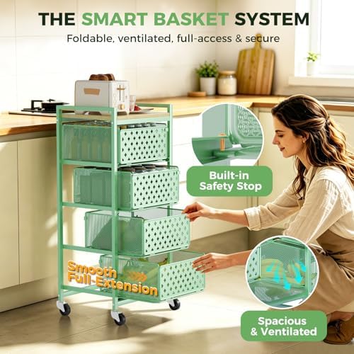 5 Tier Kitchen Storage Cart with Wheels, Utility Fruit Vegetable Storage Rack Stand with Pull-Out Baskets & Wood Top, Metal 4-Drawers Rolling Snack Cart, Kitchen Cart for Potato Onion(Green) - Image 4