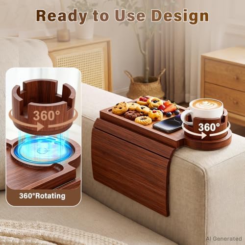 Bamboo Couch Arm Tray, 3 in1 Couch Armrest Table, Armrest Tray, Walnut - Image 5