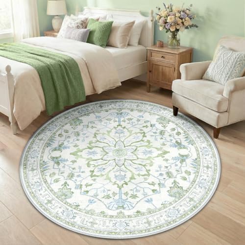 RELEANY Washable Area Rug, Round 5ft, Green/White/Blue - Image 2