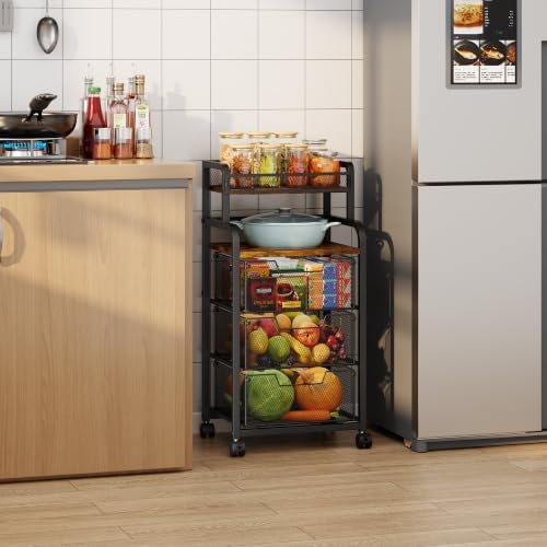 Kitchen Storage Cart with Wheels, Fruit Vegetable Spice Kitchen Rolling Cart, 4 Tier Pantry Organizer and Storage Cart with Drawer, Wooden Top Kitchen Organizer Rack Stand for Onion Potato Can Snack - Image 6