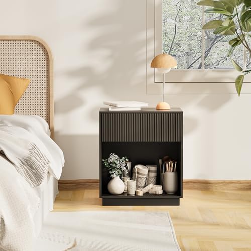 Fluted Nightstands Set of 2, Modern Bedside Table with Storage Drawer and Open Wood Shelf, Wood End Table Mid Century Night Stands for Bedroom Living Room Sofa Couch Office (Black) - Image 6