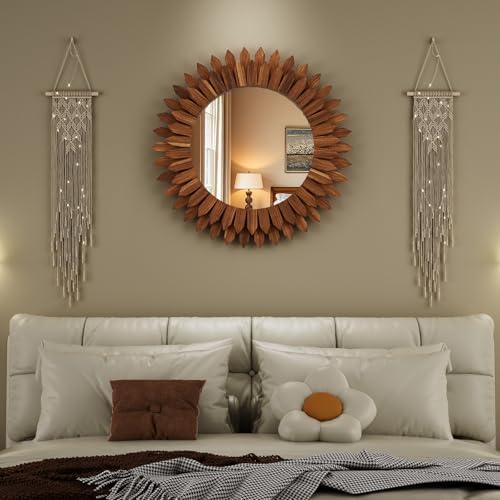 28" Walnut Round Sunburst Wooden Mirror Boho Rustic Wall Decor - Image 3