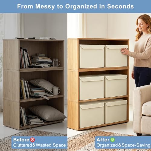 Bagnizer Large 42 Quarts Collapsible Stackable Storage Bins Cube with Lids [3-Pack] Foldable Fabric Linen Storage Boxes, Closet Organizer Baskets with Label for Home (16.7 x 12 x 12, Beige) - Image 2
