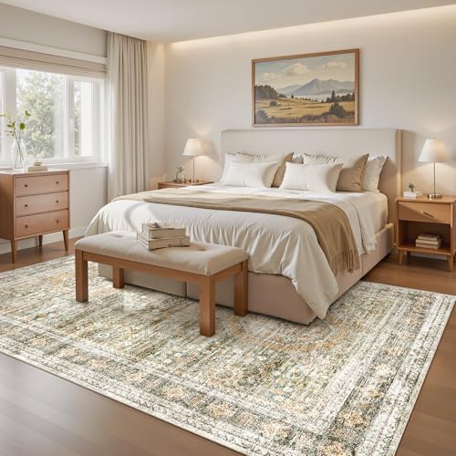 Soalmost 5x7 Area Rug Green/Orange Low Pile Washable Trendy Faded Style Rug - Image 4