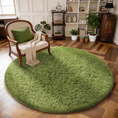 Ophanie Round Rug 5Ft Green Circle Area Rug, Green Room Decor, Fluffy Fuzzy Bedroom Carpet, Plush Soft Shaggy Living Room Rugs for Kids Home Decor Aesthetic, Nursery with Over 99 pcs Pile fibers by Ophanie