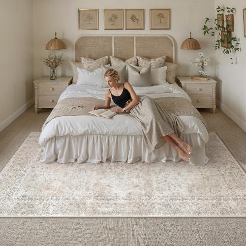 7x10 Washable Area Rug Beige Grey Non Slip Vintage Carpet - Image 3