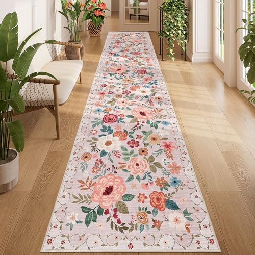 DUKINO 2.6x12 Kitchen Runner Rug, Floral Non Slip Long Washable Rug, Beige by DUKINO