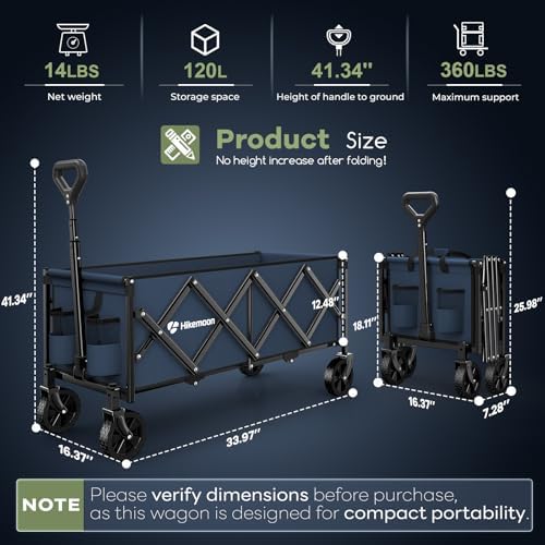 HIKEMOON 34'' Extra Long Folding Portable Wagon Cart, 120L 360LBS Blue - Image 4