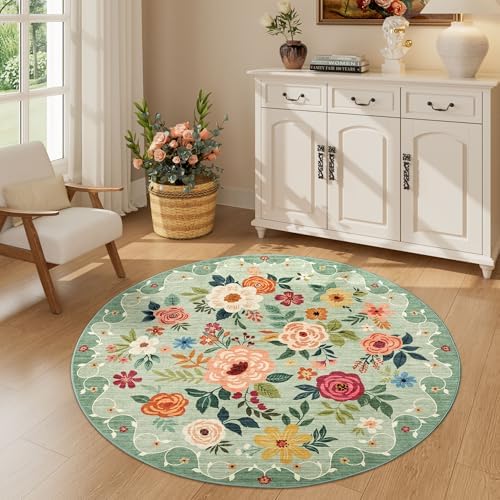 DUKINO 4ft Round Rug, Floral Washable Small Round Area Rug Non Slip, Green by DUKINO