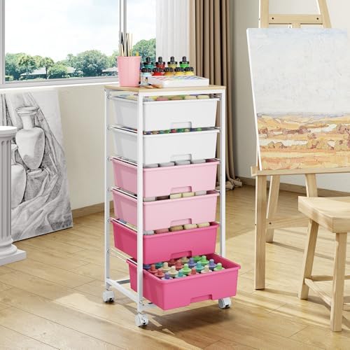 6 Drawer Rolling Storage Cart with Wooden Top and Wheels for Crafts, Pink - Image 2