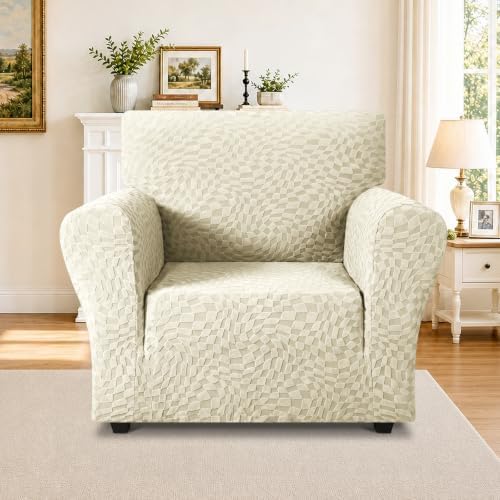 ZNSAYOTX 1 Piece Stretch Chair Cover with Arms (34"-44"), New Plaid Armchair Cover with Elastic Band for Living Room, Ultimate Soft Cozy Washable Chair Slipcover Form Fit Protector, Beige - Image 2