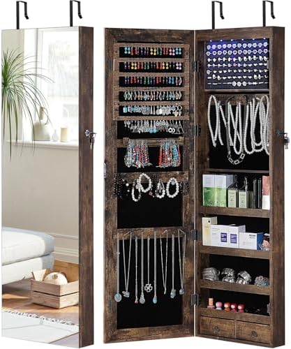 GISSAR Full Length Mirror Jewelry Cabinet, 6 LEDs Jewelry Armoire Wall Mounted Over The Door Hanging, Jewelry Organizer Storage with Lights Lockable, Vintage Brown, 14.6" x 47.2" by GISSAR