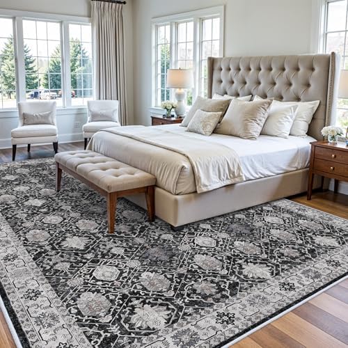 Washable Large 9x12 Area Rug: Indoor Oriental Living Room Carpet with Non Slip Backing Ultra Soft Low Pile Rugs for Bedroom Dining Room Distressed Stain Resistant Thin Floor Mat (9x12 Black) - Image 2