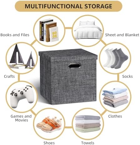 Posprica Storage Bins with Lids,13×13×13 Foldable Storage Cube Baskets Boxes Fabric Drawers for Closet Shelf Cabinet Bookcase,Set of 4,Black - Image 6