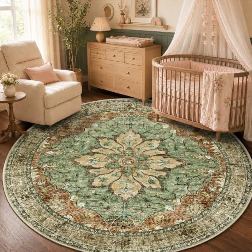 RELEANY Washable Area Rug, Round 5ft, Brick/Brown/Green by RELEANY