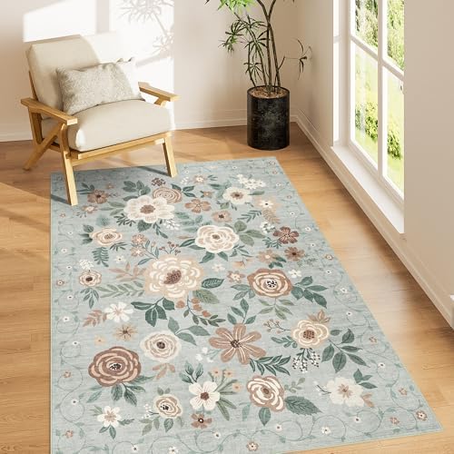 DUKINO 4x6 Area Rug, Floral Washable Office Chair Rug Non Slip, Sage Green by DUKINO