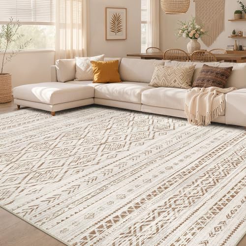 Nakagishi Area Rug Living Room Rugs: 10x14 Large Soft Machine Washable Boho Moroccan FarmNeutral Stain Resistant Indoor Floor Carpet for Bedroom Under Dining Table Home Office Decor-Brown by NakagishiAreaRug