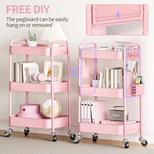 TOOLF 3 Tier Rolling Cart Storage Organizer, Metal Rolling Utility Cart with Wheels, Hooks & Bins Esthetician Craft Art Sturdy Storage with Pegboard for Bathroom, Kitchen, Office, Nursery Diaper - Image 3