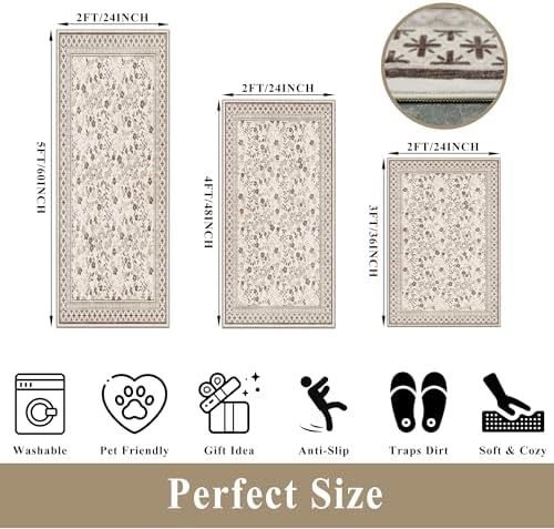 3-Piece Kitchen Rugs Set for Floor, Washable Non-Slip Farmhouse Kitchen Mats for Hardwood Floor, Rustic Floral Boho Runner Rug for Sink,Entryway & Hallway & Bathroom (Beige/Brown/Floral,2x3-2x4-2x5) - Image 2