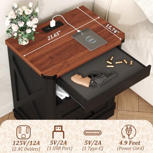 Yusong Farmhouse Night Stand with Gun Drawer & Invisible Lock, Rustic Wooden Night Stand with Charging Station, Beside Table with Drawers and Open Storage, End Tables for Bedroom, Black - Image 5