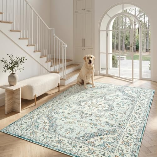 Hanples 5x7 Area Rugs for Living Room, Washable Rug Vintage Floral, Blue - Image 3