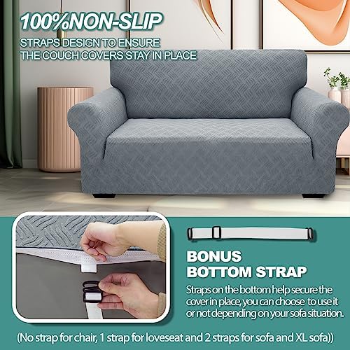 YEMYHOM Couch Cover Latest Jacquard Design High Stretch Sofa Chair Covers for Living Room, Pet Dog Cat Proof Armchair Slipcover Non Slip Elastic Furniture Protector (Small, Leaf Pattern Light Gray) - Image 5