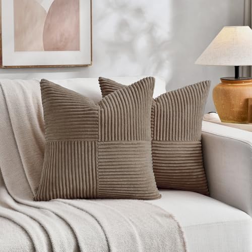 Fancy Homi Set of 2, Light Brown Patchwork Corduroy Decorative Soft Striped Modern Accent Cushion Case Farmhouse Boho Neutral Throw Pillow Covers for Chair Couch Bed Sofa Living Room 26x26 Inch - Image 5