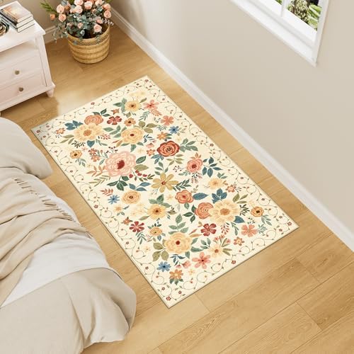 DUKINO 2x4 Entryway Rug, Floral Washable Kitchen Rugs Non Slip Beige Yellow - Image 5