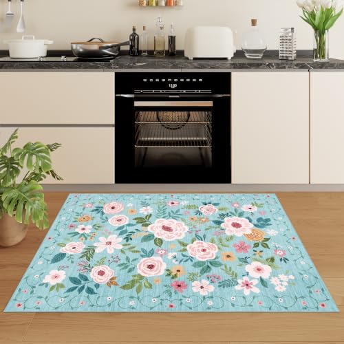 DUKINO 2x3 Entryway Rug, Floral Door Mat Soft Washable Rug Non Slip, Teal - Image 5