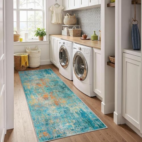 RELEANY Washable Runner 2'x8' Abstract Area Rug for Hallway Teal Multi - Image 5