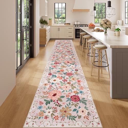 DUKINO 2.6x14 Washable Runner Rug, Floral Non Slip Long Runner Rug, Beige - Image 3