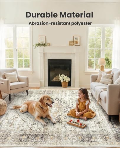 AMADA HOMEFURNISHING Washable Area Rug, Low-Profile Large Area Rug with Non-Slip Backing & Durable Edge Binding, Vintage Large Rugs for Living Room, Bedroom, Dinning Room, 8x10, Grey/Beige - Image 4