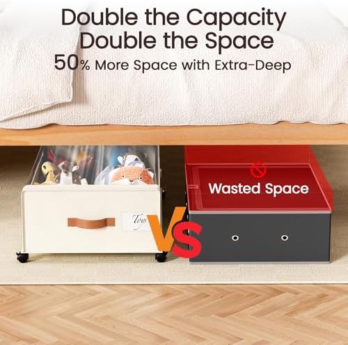 Yecaye 82L Under Bed Storage Containers, Fits 9.4" Under Bed, 2 Pack, Beige - Image 4