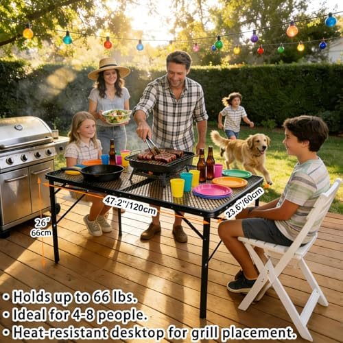 4 Ft Metal Folding Table, Folding Grill Table with 16.5/26 in Heights - Image 4
