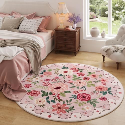 DUKINO 4ft Round Rug, Floral Washable Small Round Area Rug Non Slip, Pink - Image 3