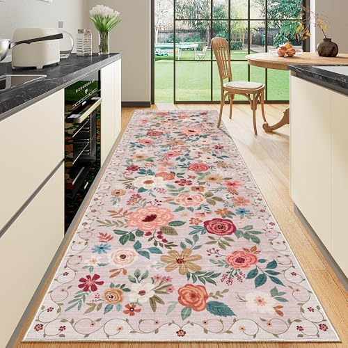 DUKINO 3x10 Runner Rug, Floral Washable Kitchen Runner Rug Non Slip, Beige - Image 6
