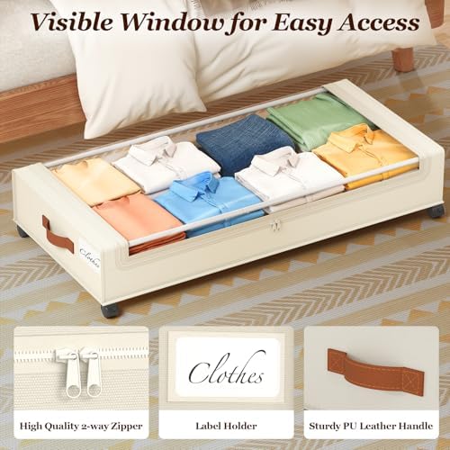 Yecaye 70 L Under Bed Storage with Wheels, 3 Pack Larger Capacity Under Bed Storage Containers, Underbed Shoe Storage Organizer, Rolling Under Bed Metal Drawers for Clothes, Blankets, Beige - Image 5