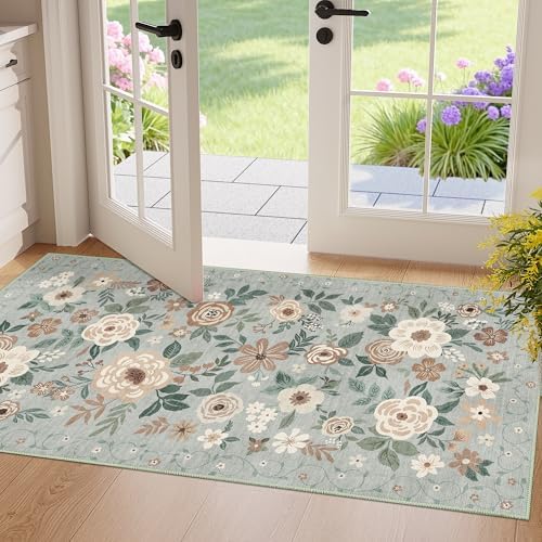 DUKINO 2x4 Entryway Rug, Floral Washable Kitchen Rugs Non Slip, Sage Green by DUKINO