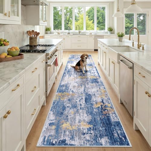 RELEANY Washable Runner 2'6"x10' Abstract Area Rug for Hallway Blue Gold by RELEANY