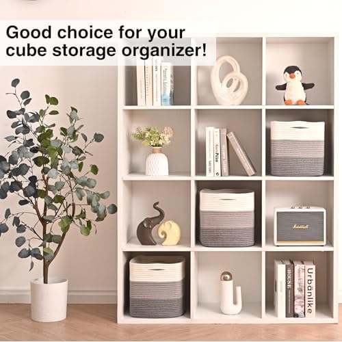 11 Inch Cube Storage Bins, 11x11 Cube Storage Bins for Cube Organizer, Square Cloth Storage Cubes, Woven Storage Baskets for Shelves, Toy Rope Baskets Storage Kids, Gradient Grey (Pack of 3) - Image 4