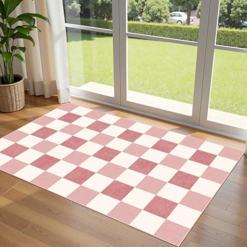 Pink White Checkered Entry Rug - 3x5 Non-Slip Indoor Outdoor Rugs by Othilic