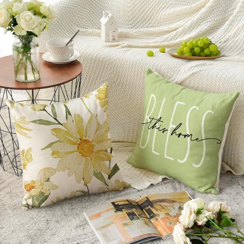 AVOIN colorlife Home Sweet Home Spring Summer Flowers Green Throw Pillow Covers, 20 x 20 Inch Cushion Case for Sofa Couch Set of 4 - Image 4