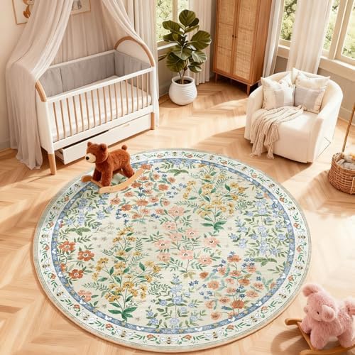 Washable Round Rugs for Bedroom 4ft: Living Room Rug Stain Resistant Non Slip Low Pile Ultra Soft Faux Wool Small Circle Rugs for Entryway Kitchen Bathroom Nursery Dorm Home Office Entrance Indoor - Image 3