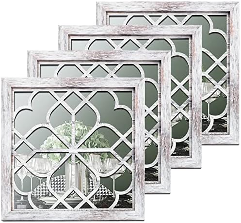 Tatuo 4 Pcs Mirrors Square Wall Mirror, Gorgeous Rustic Farmhouse Accent Mirror, Rustic for Bathroom Renovation Bedrooms Living Rooms, 12 x 12 Inch(Elegant White) by Tatuo