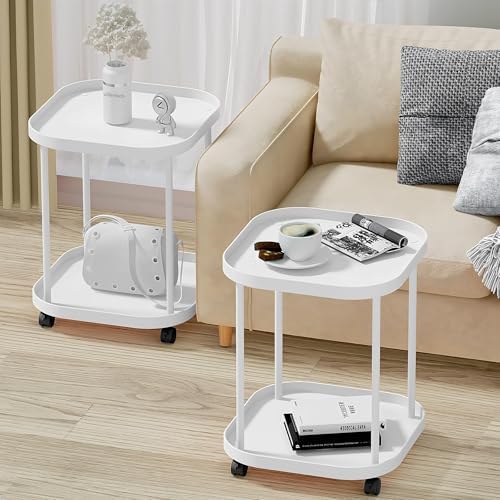 Side Table with Wheels, 2-Tier End Table Small Night Stand - Image 2