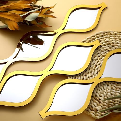 Yulejo 6 Pcs Acrylic Teardrop Mirror Decor - Narrow Wall Decor Boho Vintage Wall Art for Apartment Home Living Room Bathroom Bedroom Hallway (Gold Edge) - Image 3